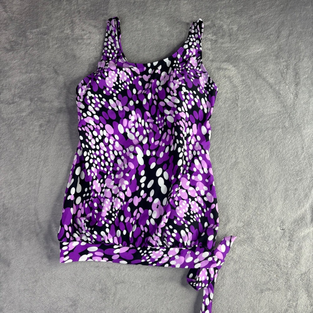 Lands' End Tankini Top Women Small Purple Abstract Polka Dot Side Tie Blouson